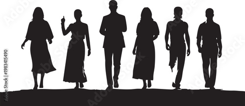 Five black faceless human silhouettes standing side by side in a row black silhouettes human figures