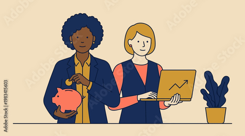 Two women demonstrate financial planning with piggy bank and rising graph. Suitable for finance, investments, savings, budgeting, and financial literacy concepts.