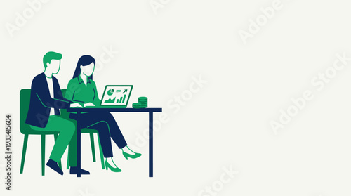 Man and woman working together on laptop, analyzing data at desk. Suitable for business or teamwork concepts.