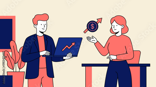 Man and woman collaborating on financial project. Suitable for business presentations, teamwork concepts, finance blogs, and marketing materials.