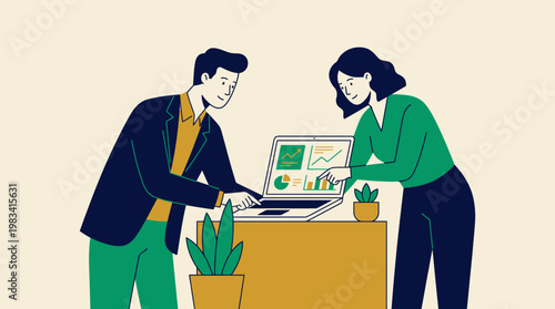 Two professionals reviewing data on a laptop, deep in discussion in an office. Suitable for business presentations, reports, and articles.