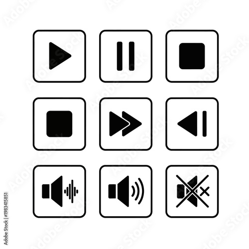 Multimedia Player Icons: Play, Pause, Stop, Fast Forward, Rewind, Volume Up, Down, Mute
