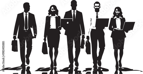 Five diverse adults in black formal wear standing in a line five people diverse group formal attire