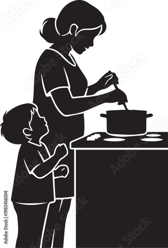 Mother cooking with child, teaching kitchen skills, family meal preparation, domestic life, healthy eating, helping mom, learning food.