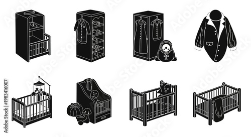 Nursery Furniture and Baby Clothes Icons: Cribs, Wardrobes, and Outfits