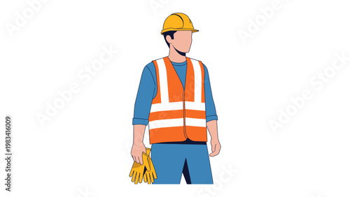 Construction Worker in Safety Gear: A construction worker stands ready, dressed in essential safety attire, helmet, and high-visibility vest, and work gloves.