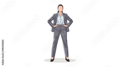 Confident Professional: An elegant woman, poised and powerful in a business suit, exudes confidence and poise. A modern illustration depicting female empowerment and strength.