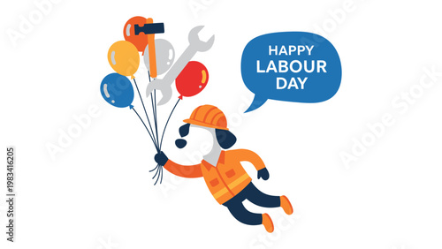 Labour Day Celebration: A cheerful illustration of a worker dog holding balloons with tools, celebrating Labour Day, with a speech bubble saying Happy Labour Day.