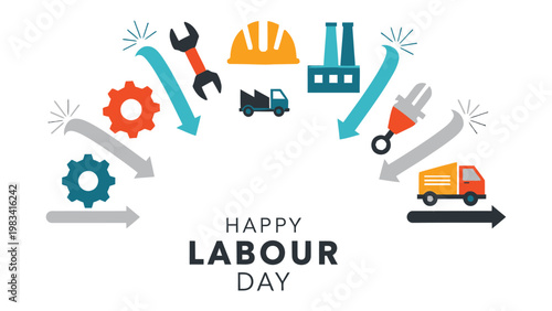 Labor Day Graphic: A vibrant graphic celebrating Labor Day, featuring an array of industrial tools, machinery, and transportation elements that symbolize the dedication of the workforce.