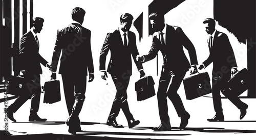 Five faceless businessmen in dark suits walking single file with briefcases faceless figures