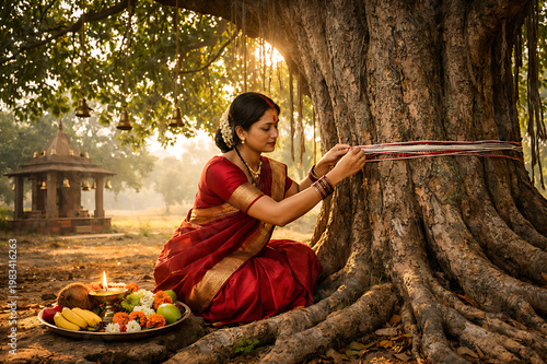 Graceful married women observing Vat Purnima, Vat Savitri Vrat, Vat Purnima Pournima fasting, tying sacred threads around banyan tree, seeking blessings for marital happiness and eternal togetherness