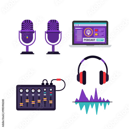 Podcast Recording Studio Equipment Icons: Microphones, Laptop, Mixer, Headphones, Sound Wave