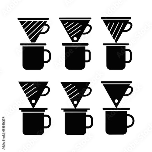 Pour Over Coffee Brewing Method - Multiple Cups and Filters Icon Set