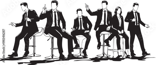 Five faceless business people in black suits walking in a line faceless figures walking in a row