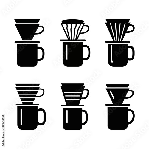Pour Over Coffee Maker Icons Set, Drip Coffee Brewing Equipment Vector Graphics