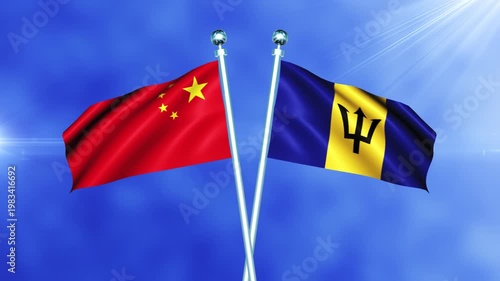 China and Barbados Flag Waving On Pole Loop