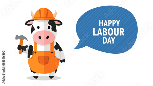 Cow with Labor Day Message: An adorable cow, fully attired in work overalls and a hard hat, delivers a heartwarming Happy Labour Day message, embodying the spirit of hard work and celebration.