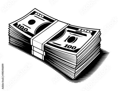 Stack of black and white hundred dollar bills tied with paper band, isolated white