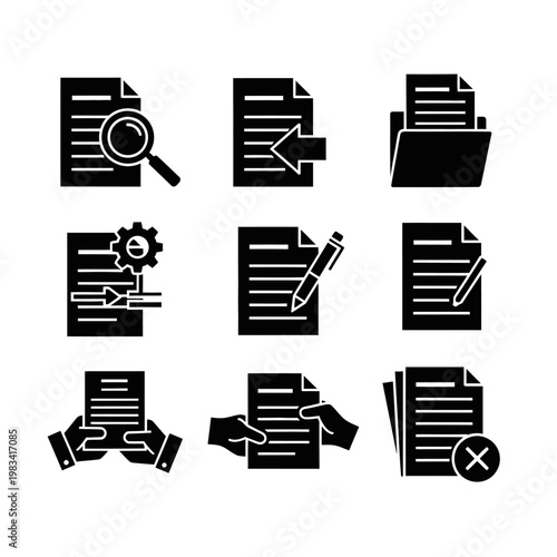 Set of Document Icons: Search, Import, Folder, Settings, Writing, Editing, Review, Holding, Deletion