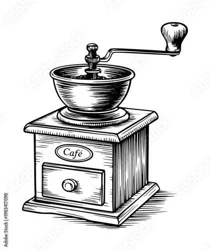 Vintage manual coffee grinder with "café" label, engraved style mill