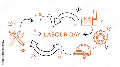 Labor Day Celebration: A graphic representation of Labor Day, featuring a cogwheel, factory, wrench, and safety helmet, all in an illustration. 