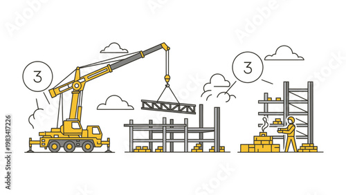 Construction Site with Heavy Machinery: A dynamic illustration captures the essence of a construction site, showcasing the synergy between towering cranes and industrious workers.