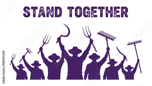 Solidarity: Silhouette of diverse people standing united, their hands raised high holding tools to show unity and solidarity. Representing cooperation and community in its purest form.