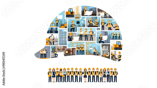 Construction Vision: A dynamic composition showcasing construction workers within the outline of a hardhat. An artistic illustration capturing the essence of the building industry.