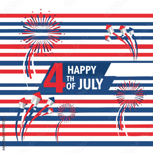 Vibrant fireworks explode against a patriotic red, white, and blue striped background, symbolizing joyous national independence celebration with dynamic flair