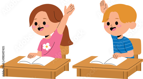 Schoolboy and Schoolgirl Raise Hand for Answer the Question Classroom illustration