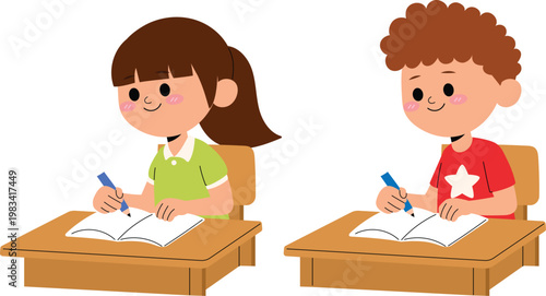 Schoolboy and Schoolgirl Writing at Desk, Happy Student Taking Note illustration