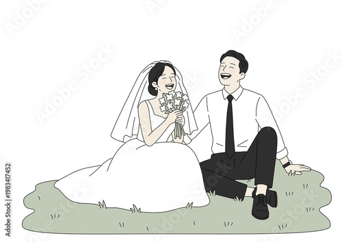Happy wedding couple illustration for marriage invitation and celebration (청첩장 모바일 초대장 용 귀여운 신랑 신부 일러스트 디자인)