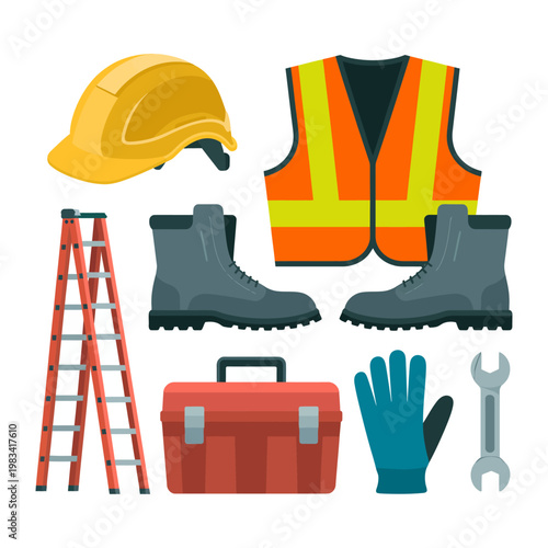 Essential Safety Gear and Tools: A comprehensive collection of indispensable work safety equipment, including a protective helmet, safety vest, robust boots, durable gloves, and essential tools.