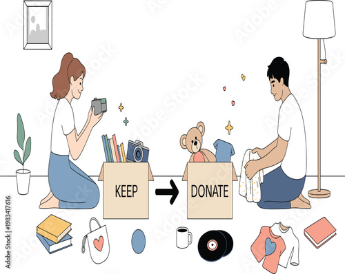 PrintYoung couple sorting household items into keep and donate boxes for home organization decluttering and charitable giving vector 