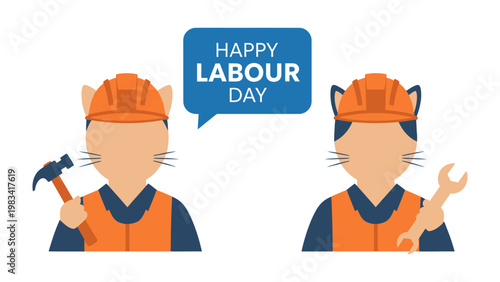 Labour Day Celebration: Two construction worker icons are shown wearing safety helmets and holding tools, accompanied by a speech bubble wish Happy Labour Day