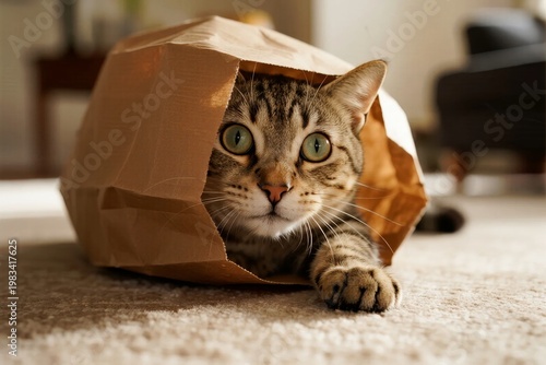 Tabby cat peeking out from inside a brown paper bag on a carpeted floor