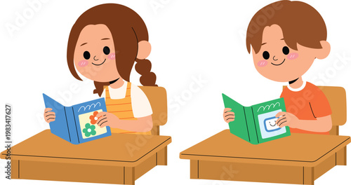 Schoolboy and Schoolgirl Reading at Desk, Student Learning at Classroom illustration