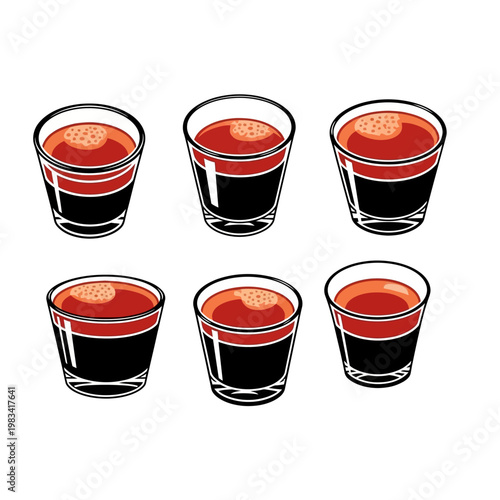 Six layered shot glasses with dark and red liquids, isolated on white background