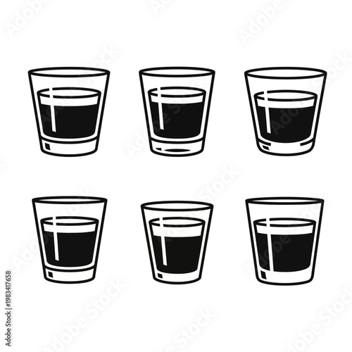 Six Shot Glasses Filled with Dark Liquid, Isolated on White Background