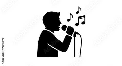 Man singing into a microphone with music notes.