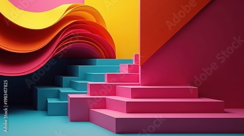 Abstract composition featuring a staircase with vibrant pink and blue geometric block structures isolated on white background