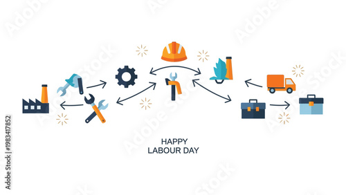 Industrial Symphony: A schematic representation of Labor Day, where elements harmonize in a stylized illustration showcasing a sequence of tools, factories, and transport.