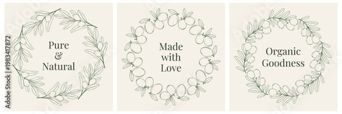 Set of hand drawn olive wreaths with quotes in line art style. Mediterranean organic vector collection for packaging, labels, branding and menu design.