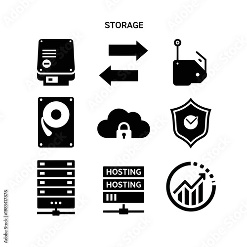 Storage Technology Icons: Cloud, Server, Hard Drive, Security, Data Transfer, Hosting
