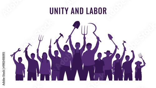 Foto Unity and Labor: A group of diverse laborers, united in their purpose, raise tools of their trade high above their heads, symbolizing solidarity and collective effort