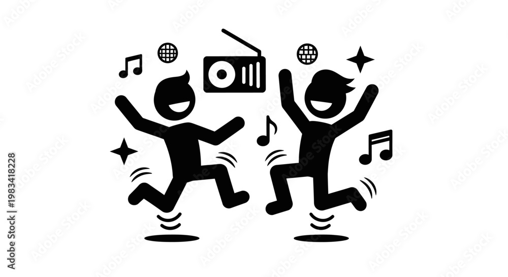 Fototapeta premium Two joyful stick figures dancing to music.