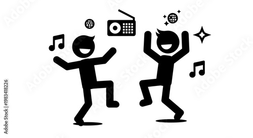 Two stick figures dancing to music.