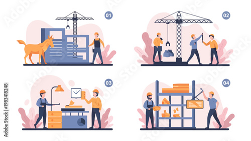 Building the Dream: A comprehensive illustration sequence captures the stages of construction, from initial planning to completion, highlighting the collaborative efforts of skilled workers. 