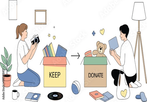 Young couple sorting household items into keep and donate boxes for home organization decluttering and charitable giving vector
