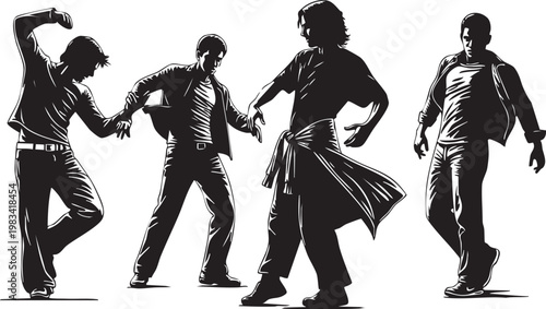 Four stylized silhouettes of people walking carrying backpacks and shoulder bags in urban attire